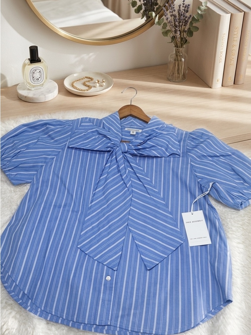 Bow-Tie Stripe Blouse in Light Blue - Women Tops